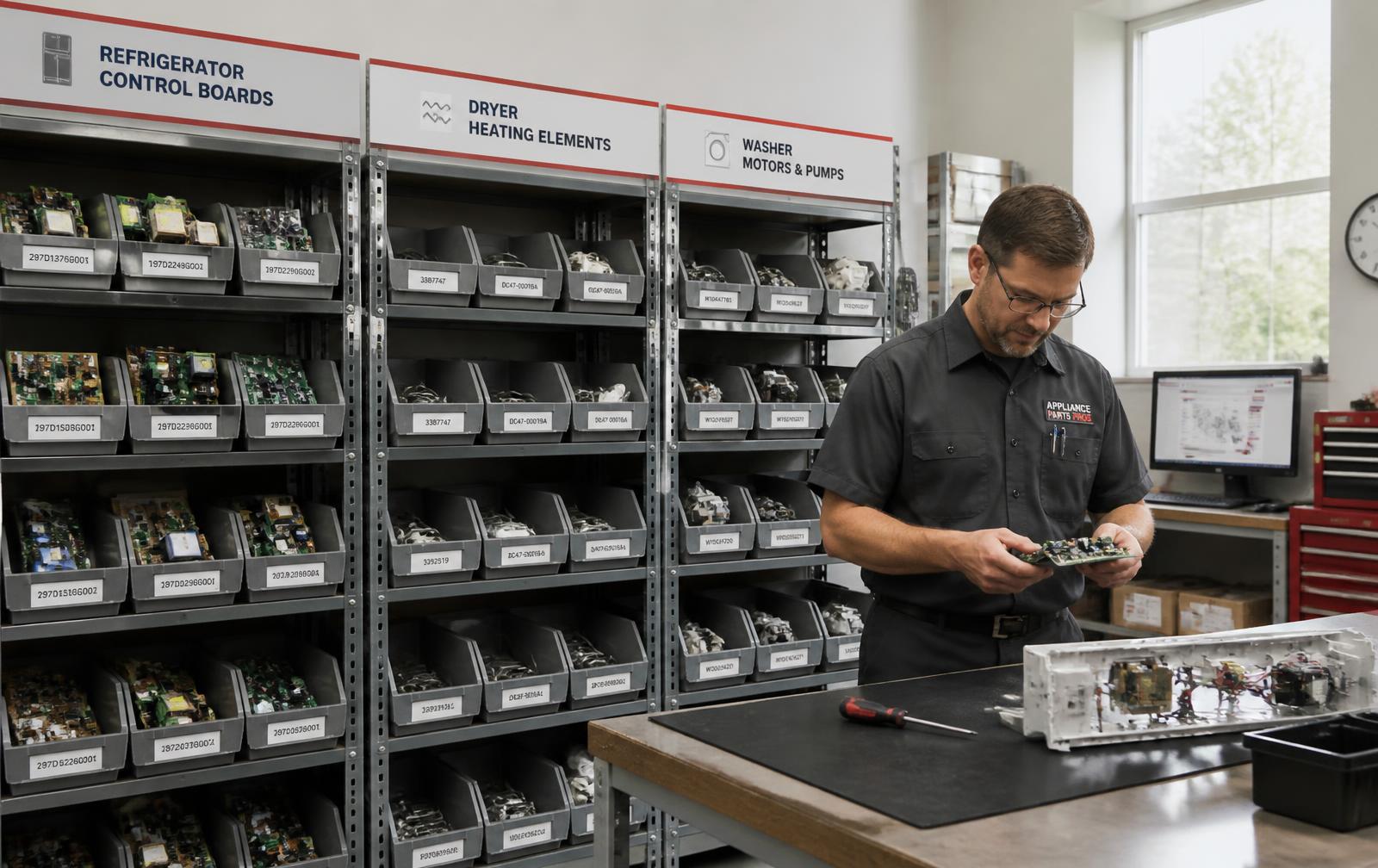 Organized warehouse shelving of tested used appliance parts